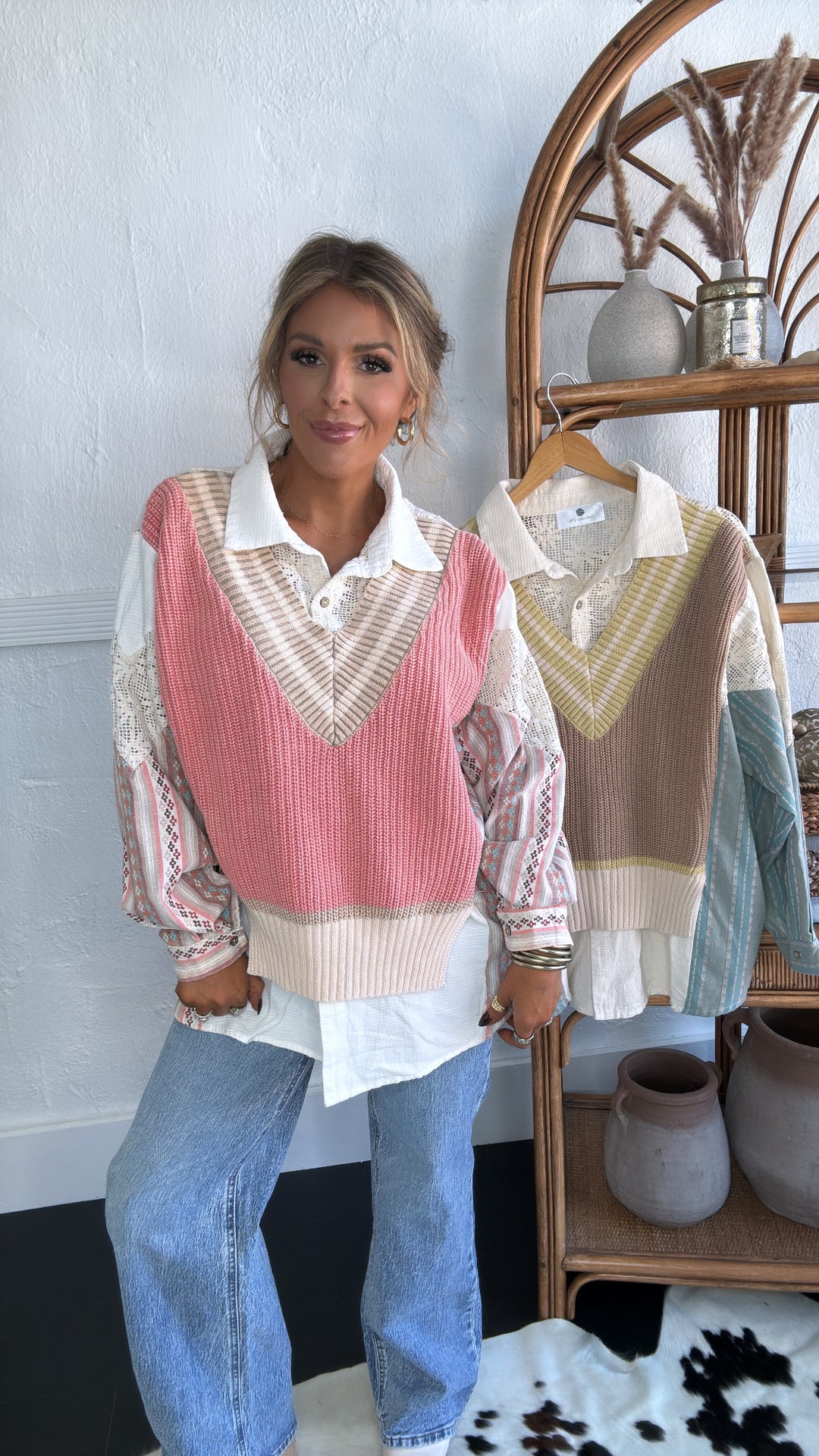 Willa Layered Vest Top, Taupe/Pink