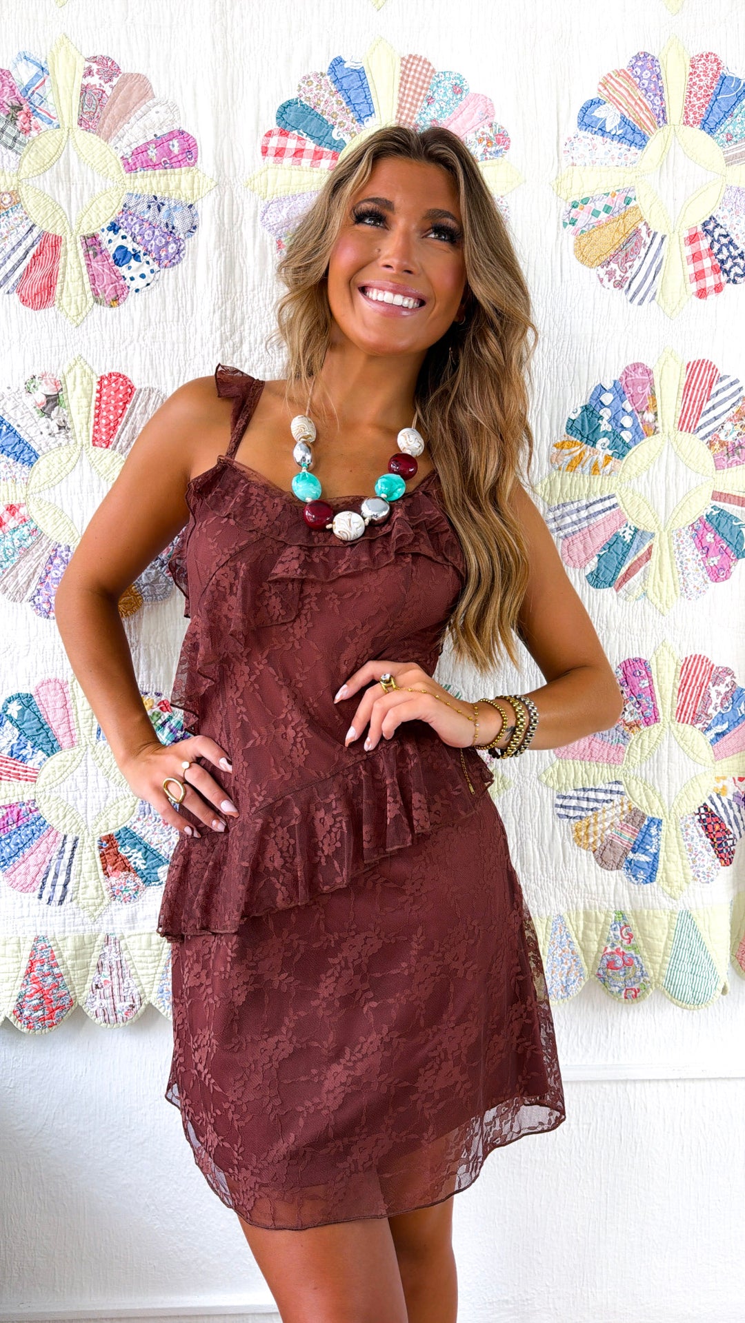 Pure Heart Ruffled Mini Dress, Brown