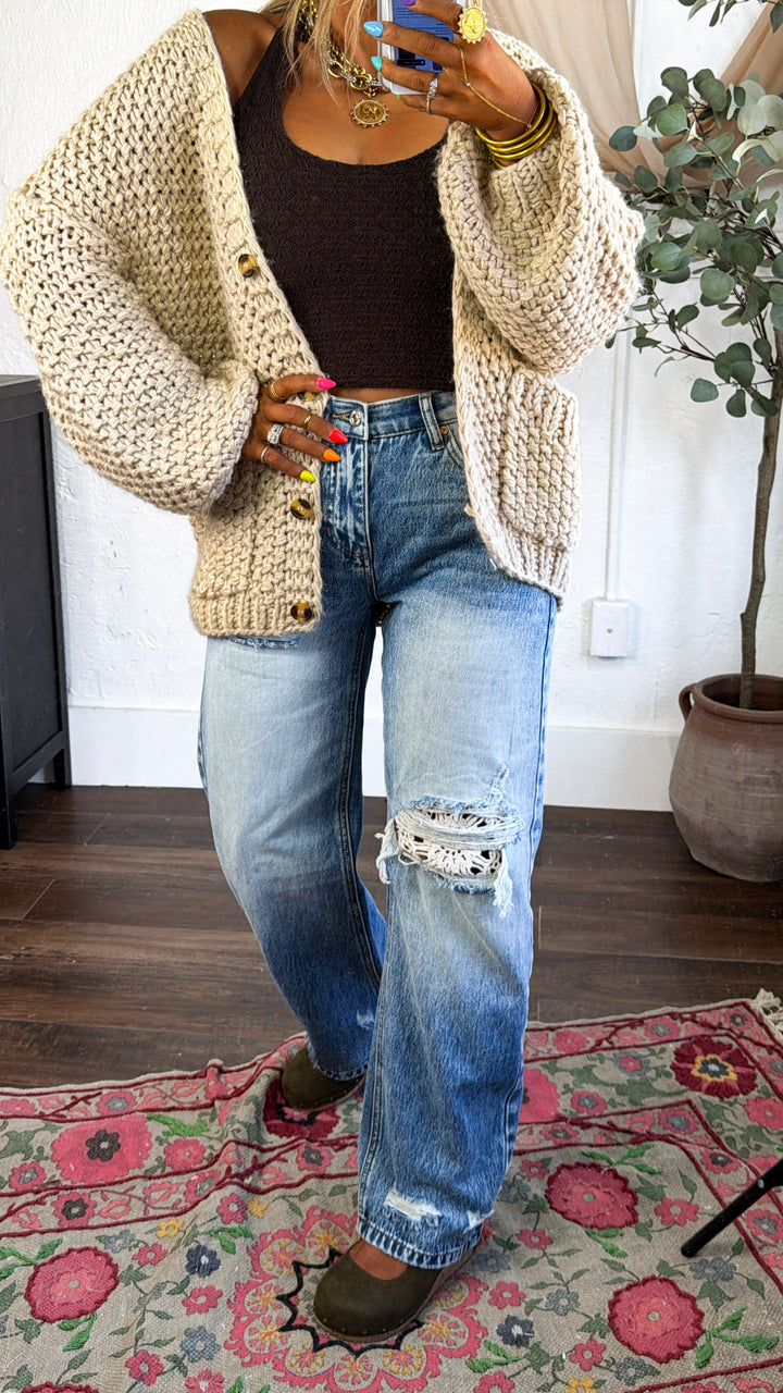 Crochet Distressed Detailed Jeans, Medium Light