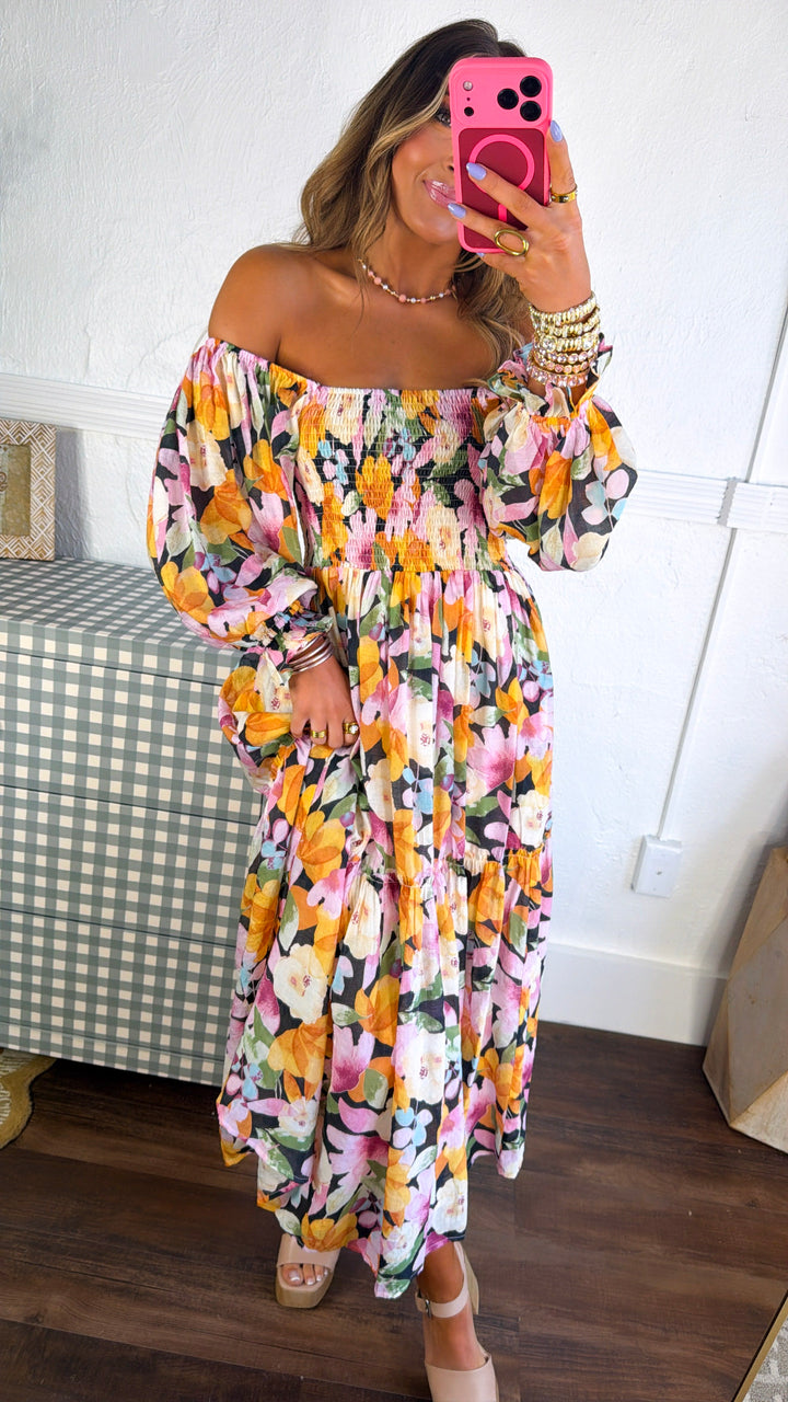 Havana Bloom Smocked Dress, Black Multi