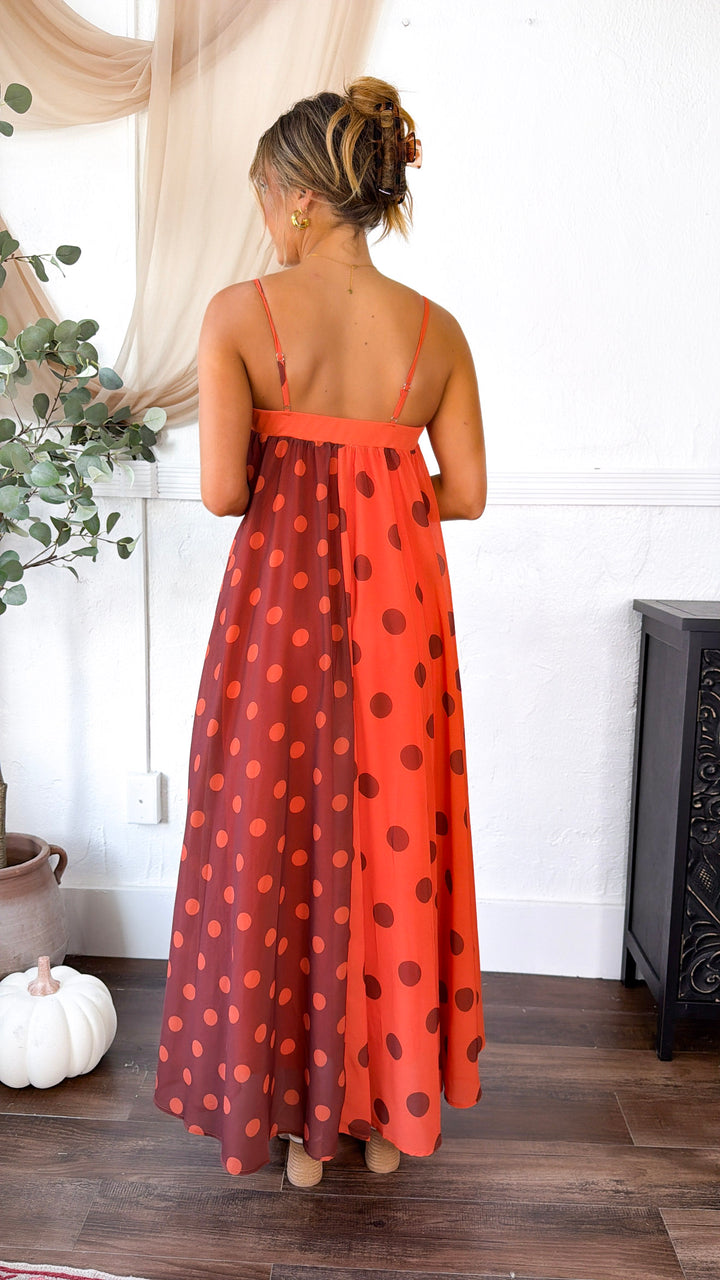 Polka Dot Color-Block Maxi Dress, Terracotta/Orange