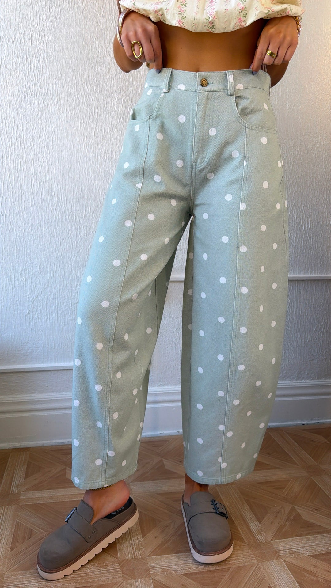 Sweet Pea Polka Dot Barrel Pants, Sage