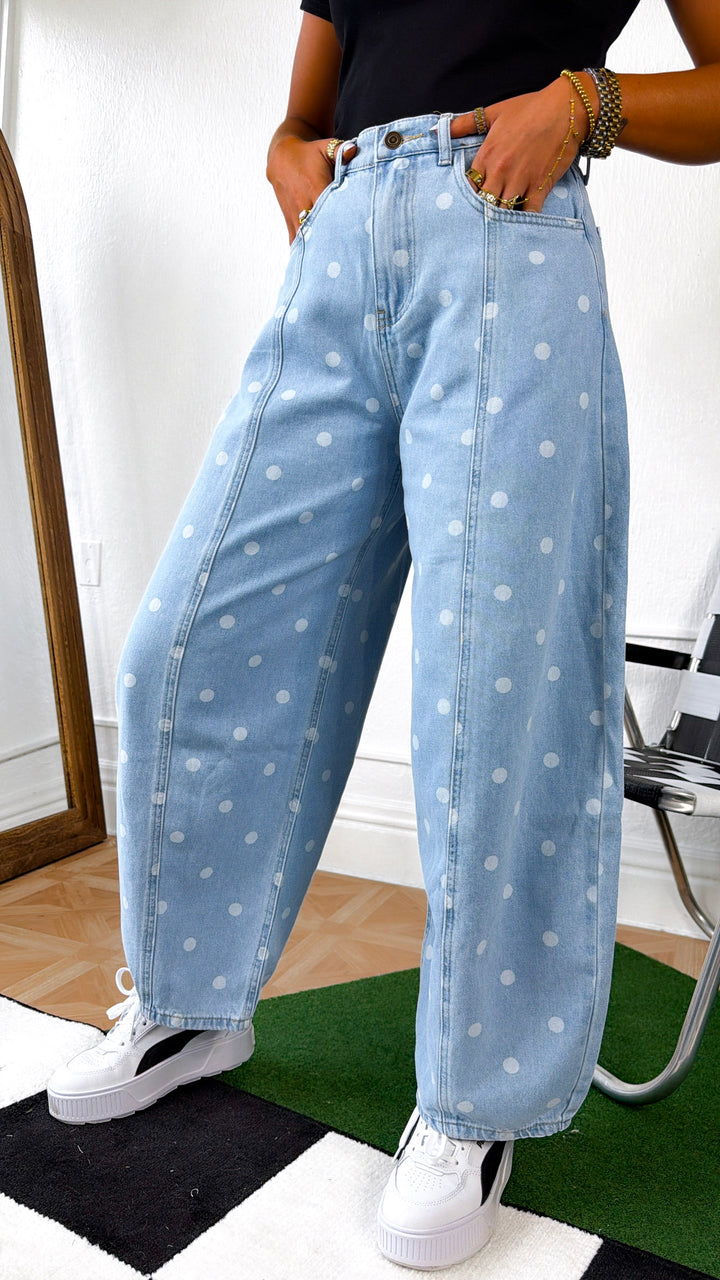 Washed Polka Dot Barrel Jeans, Lt. Denim
