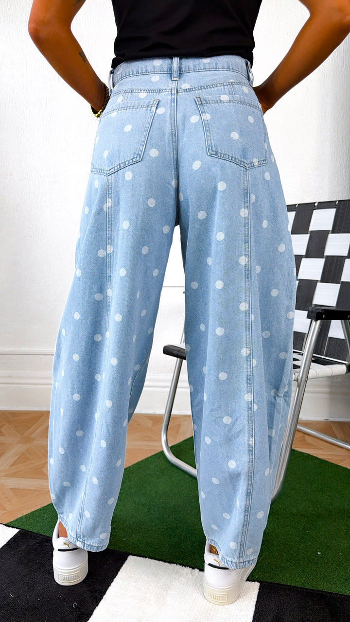 Washed Polka Dot Barrel Jeans, Lt. Denim