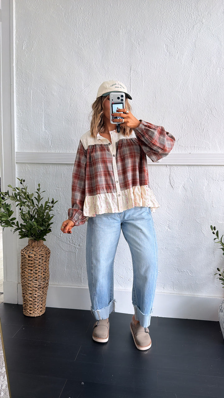 Juliette Button Top, Brick Multi