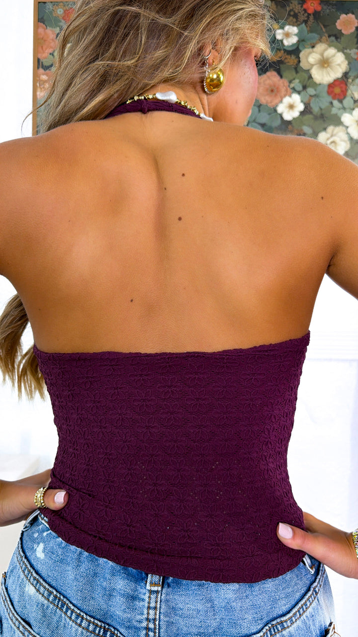 Floral Lace Halter Top, Raisin