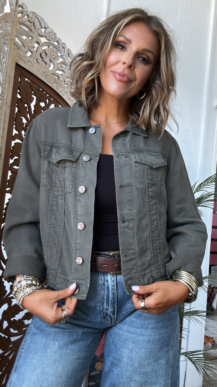 Low Fade Lightweight Denim Jacket, Olive