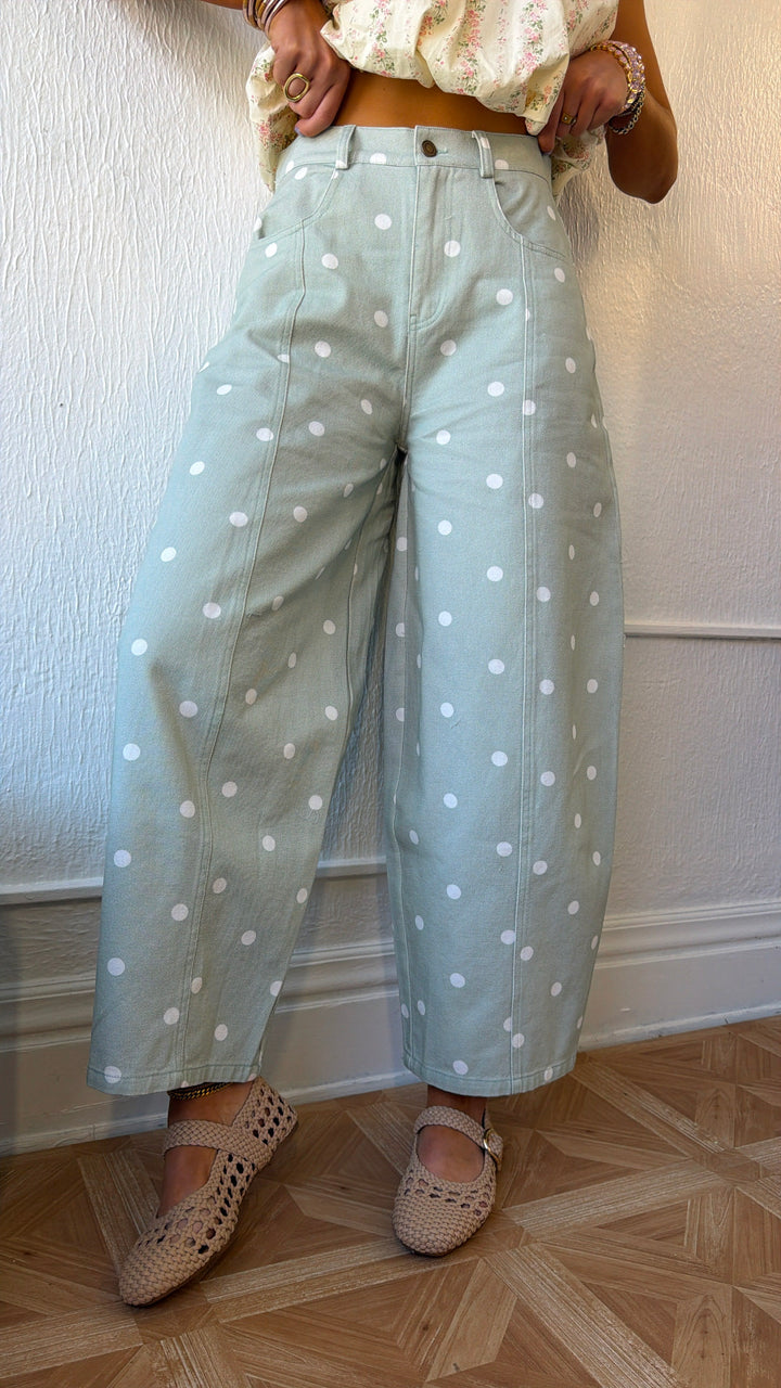 Sweet Pea Polka Dot Barrel Pants, Sage