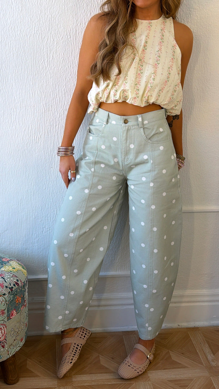 Sweet Pea Polka Dot Barrel Pants, Sage