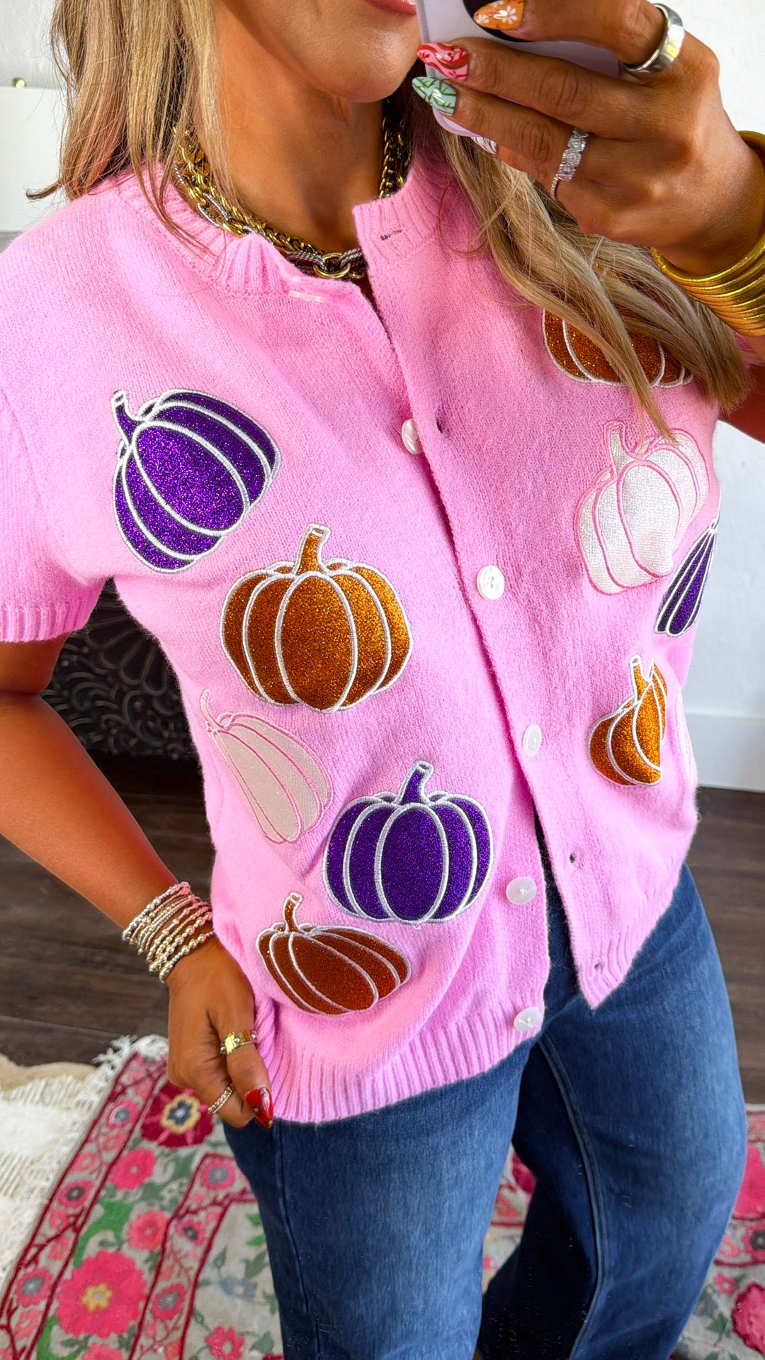 Glitter Pumpkin Cardigan, Pink