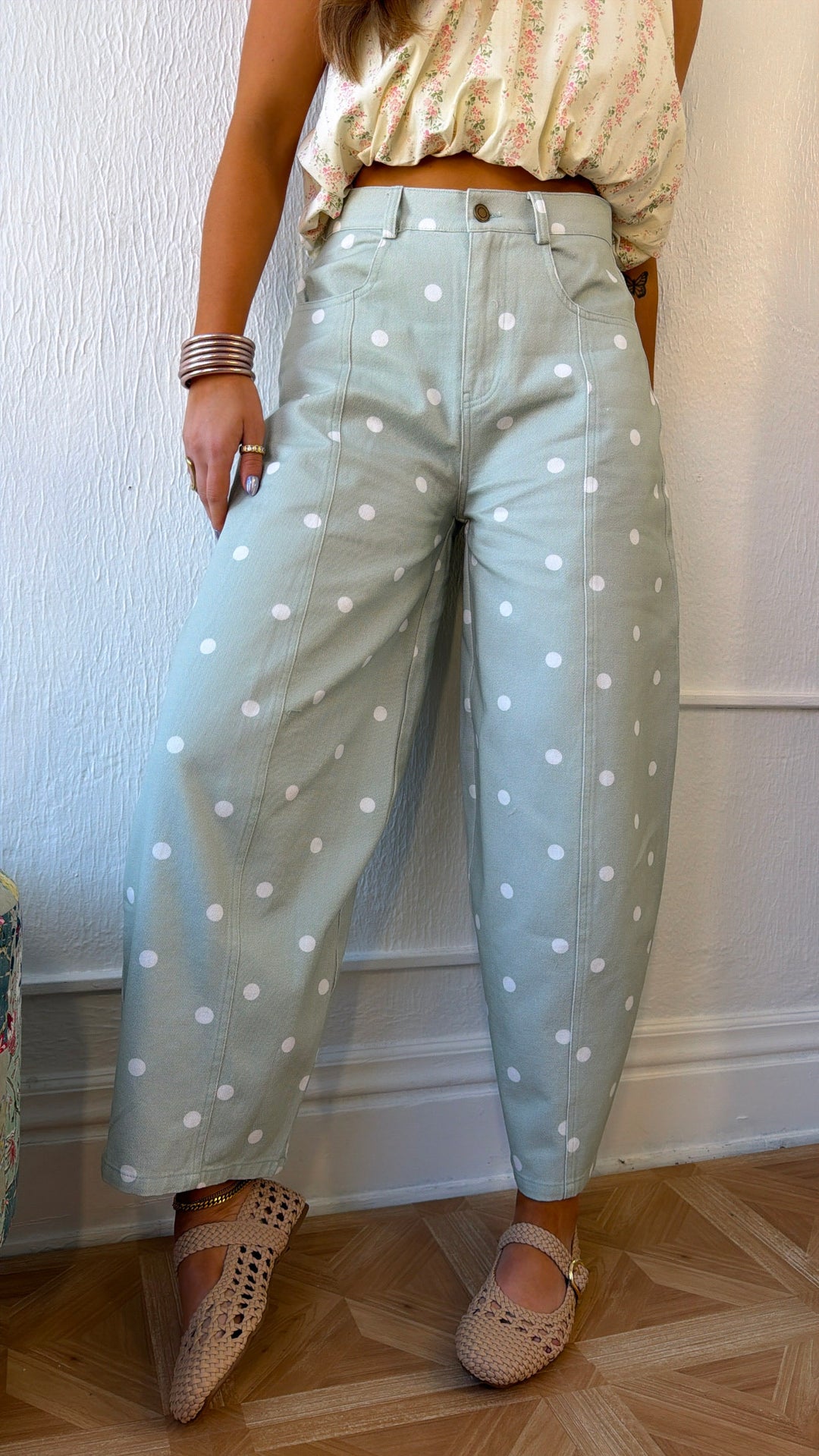 Sweet Pea Polka Dot Barrel Pants, Sage