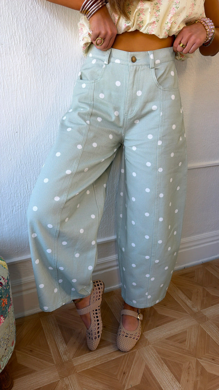 Sweet Pea Polka Dot Barrel Pants, Sage