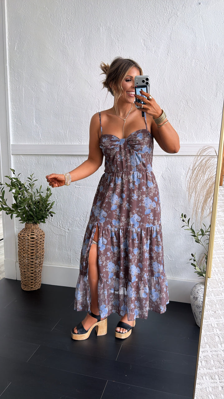Mocha Mist Floral Print Maxi Dress, Brown Multi