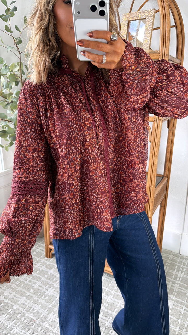Evelora Floral Printed Blouse, Deep Burgundy