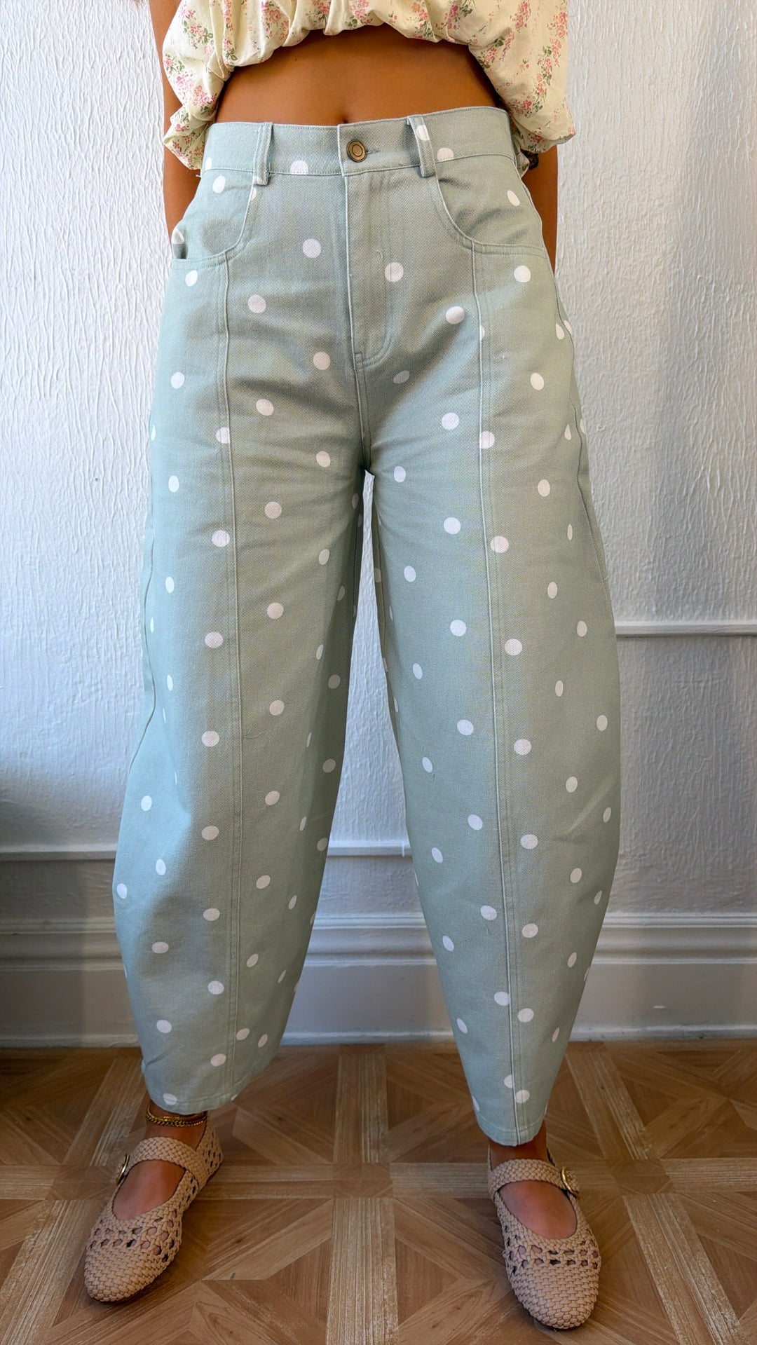 Sweet Pea Polka Dot Barrel Pants, Sage