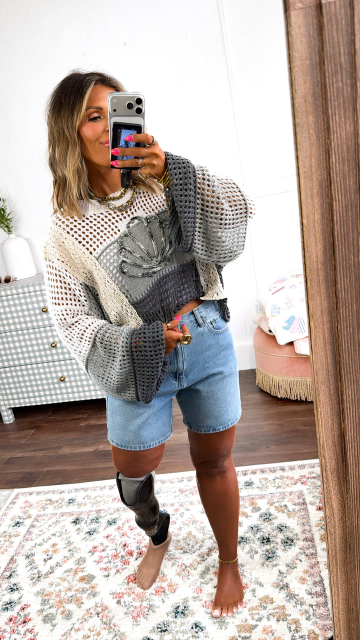 Seashell Open Knit Sweater, Grey Charcoal