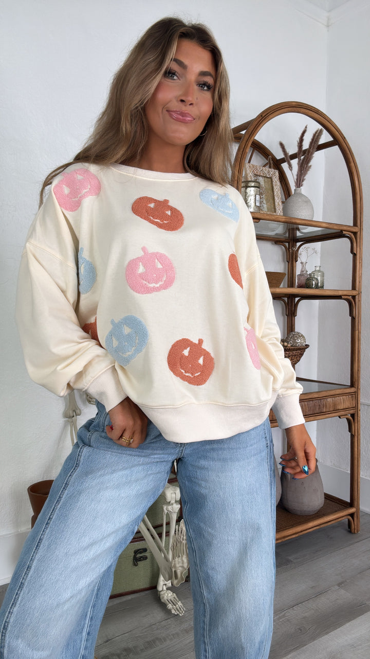Oversized Pumpkin Embroidered Sweater, Ivory