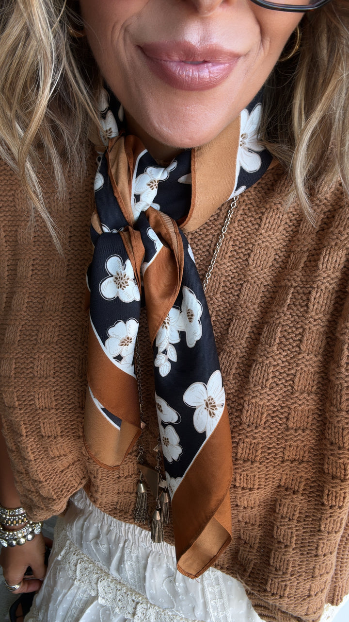 Silk Flower Power Twilly Scarf, Navy