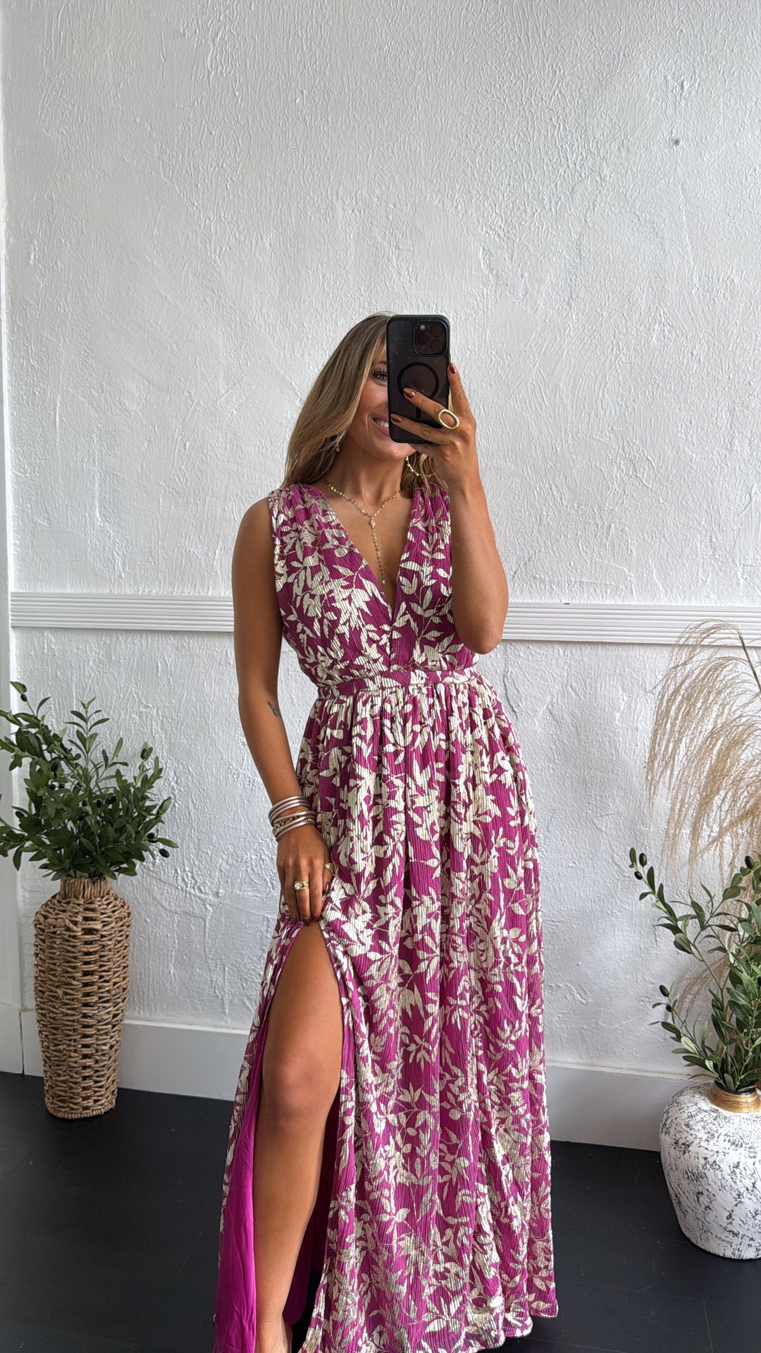 Rosaline Plunge Maxi Dress, Magenta/Gold