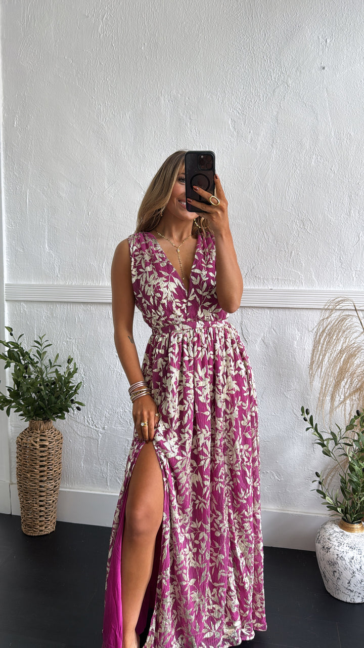 Rosaline Plunge Maxi Dress, Magenta/Gold