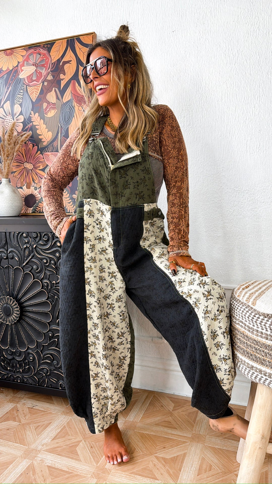 ECB Exclusive: Ruth Overall Bib, Olive Navy Floral