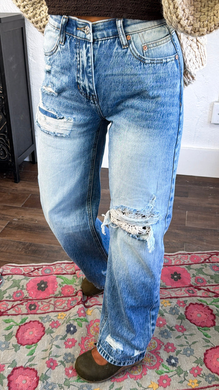 Crochet Distressed Detailed Jeans, Medium Light