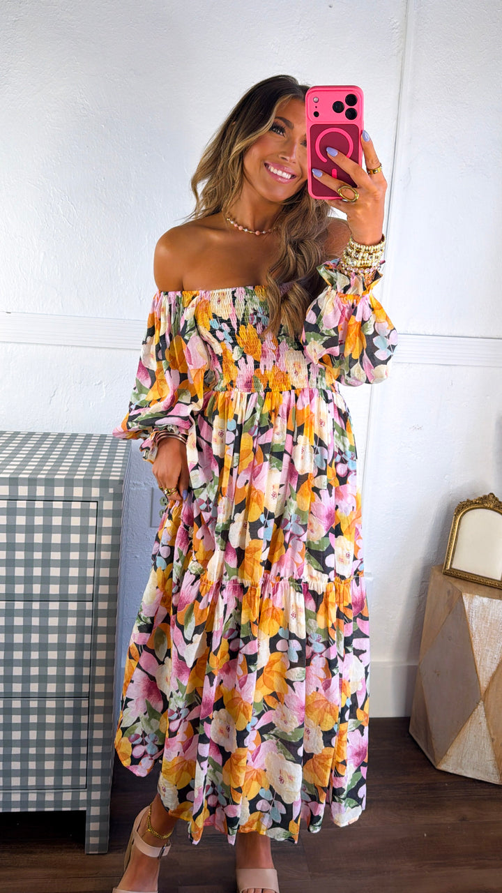 Havana Bloom Smocked Dress, Black Multi