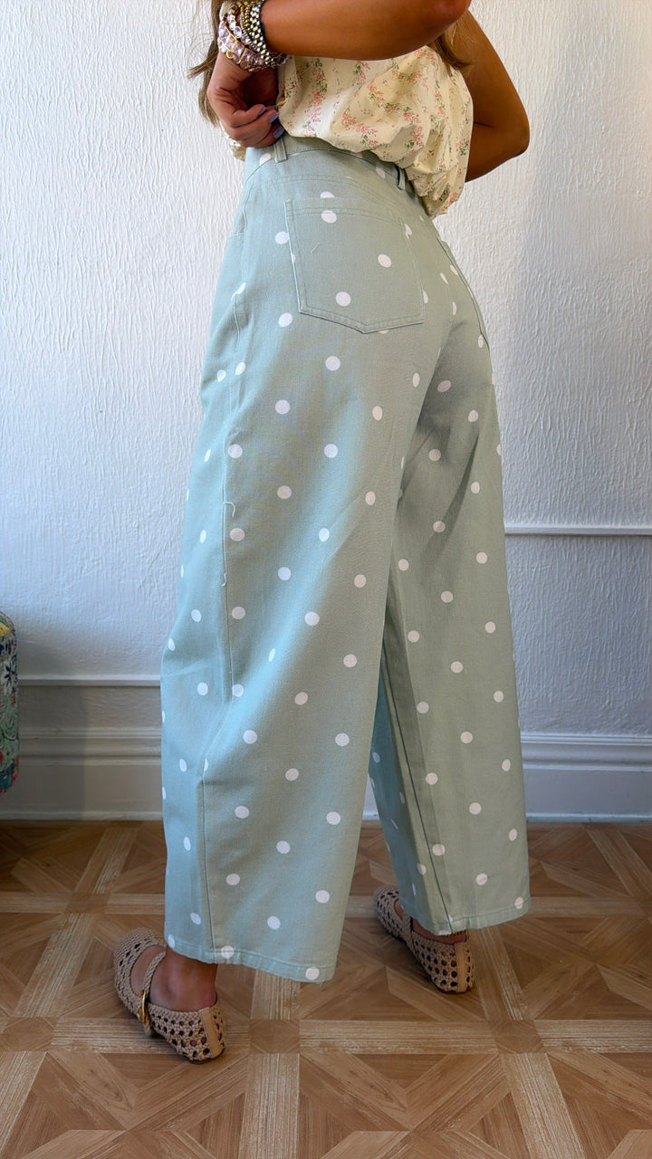 Sweet Pea Polka Dot Barrel Pants, Sage