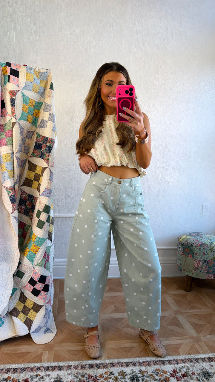 Sweet Pea Polka Dot Barrel Pants, Sage