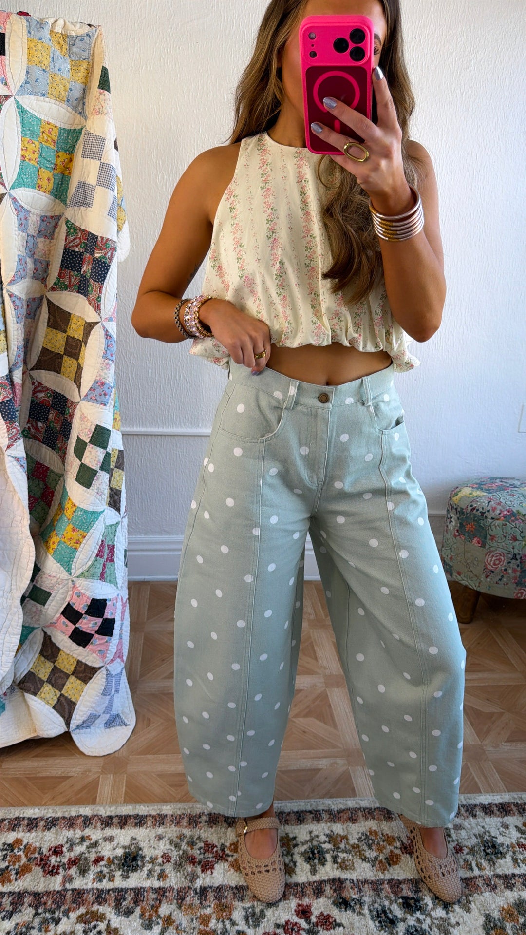 Sweet Pea Polka Dot Barrel Pants, Sage