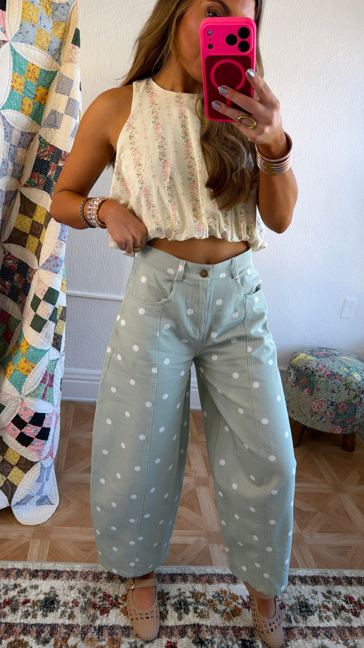 Sweet Pea Polka Dot Barrel Pants, Sage