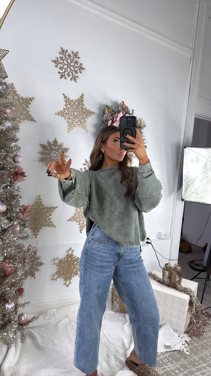 DOORBUSTER: Acid Washed Ribbed Cropped Pullover, DK Olive