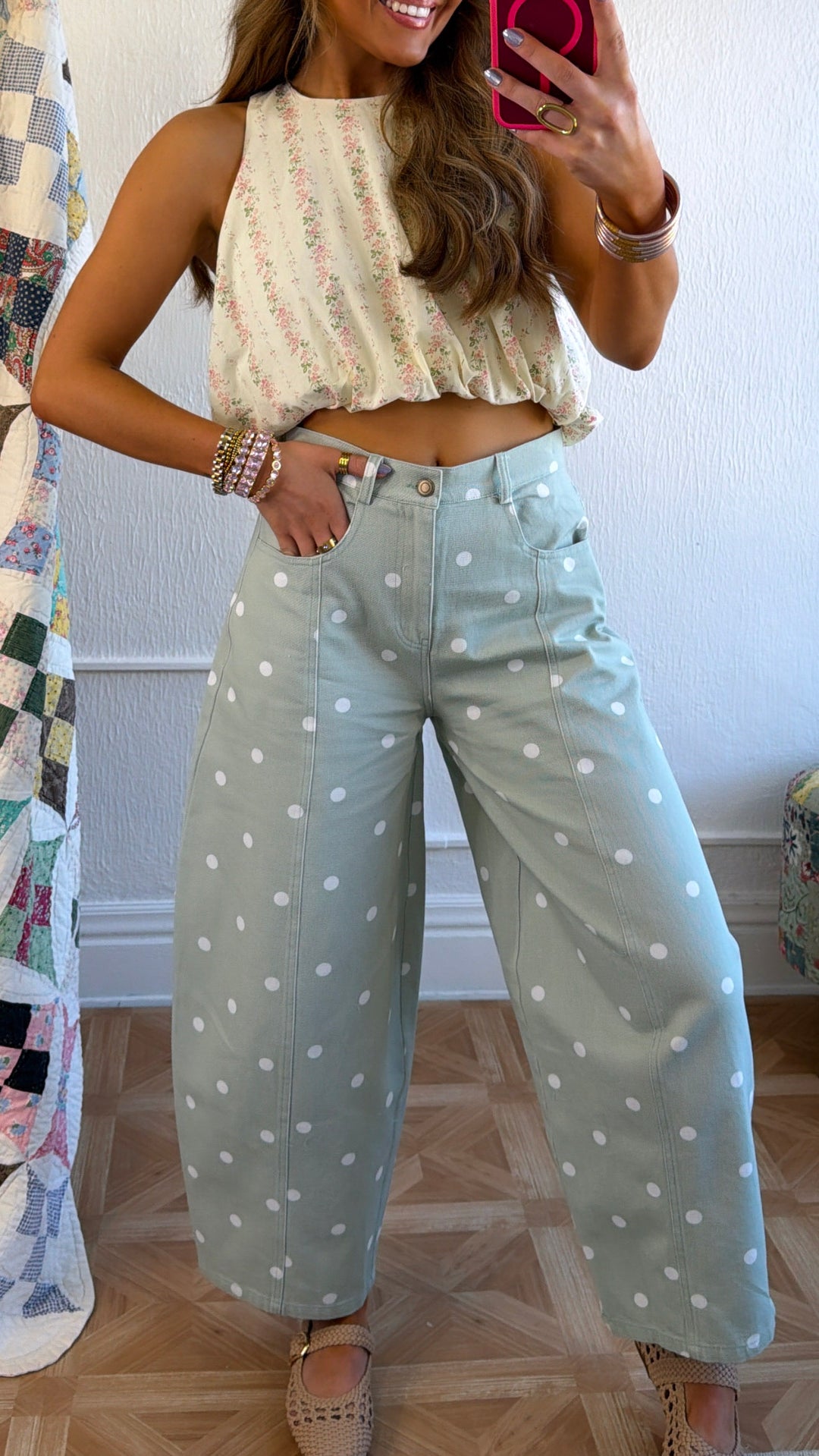 Sweet Pea Polka Dot Barrel Pants, Sage