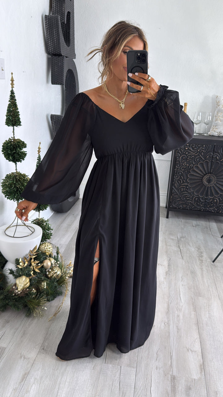 ECB Exclusive: Timeless Romantic Chiffon Maxi Dress, Black