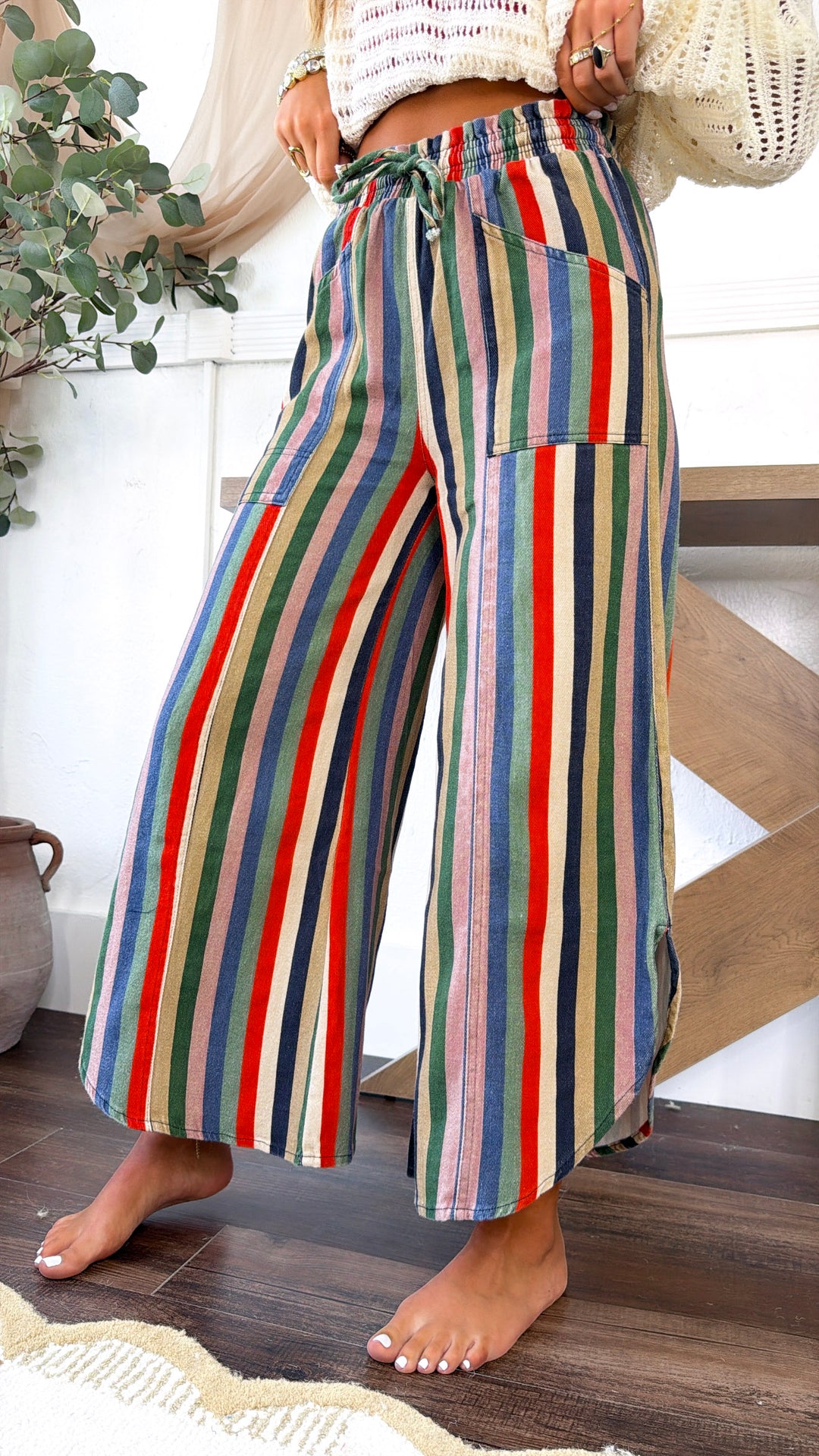 Tulip Washed Denim Pants, Multi Stripe
