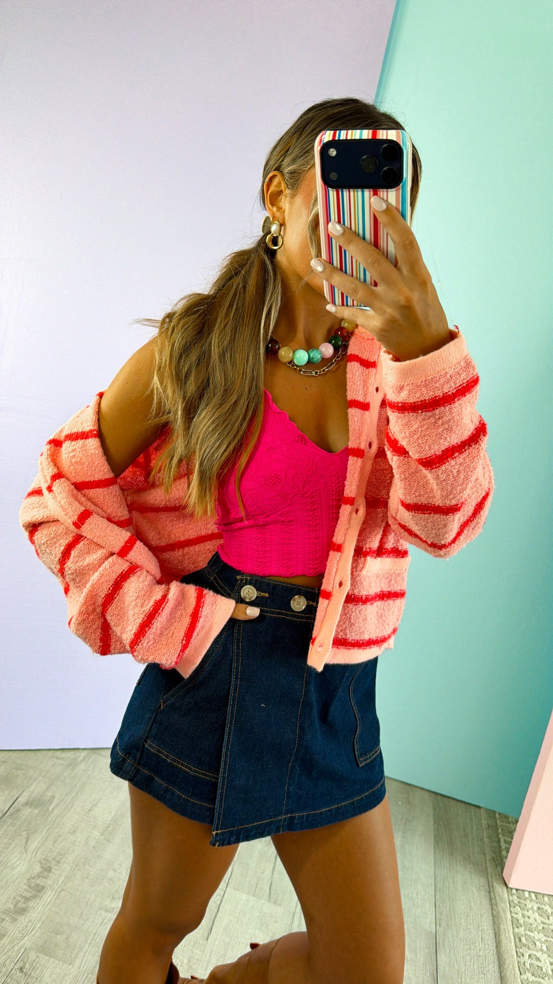 Perfect Layer Stripe Cardigan, Pink/Coral