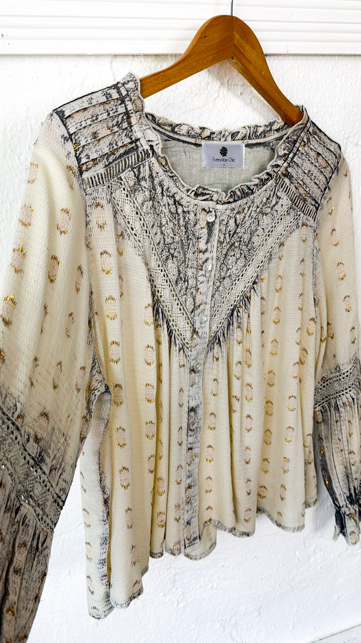 Mixed Pattern Blouse, Natural Multi