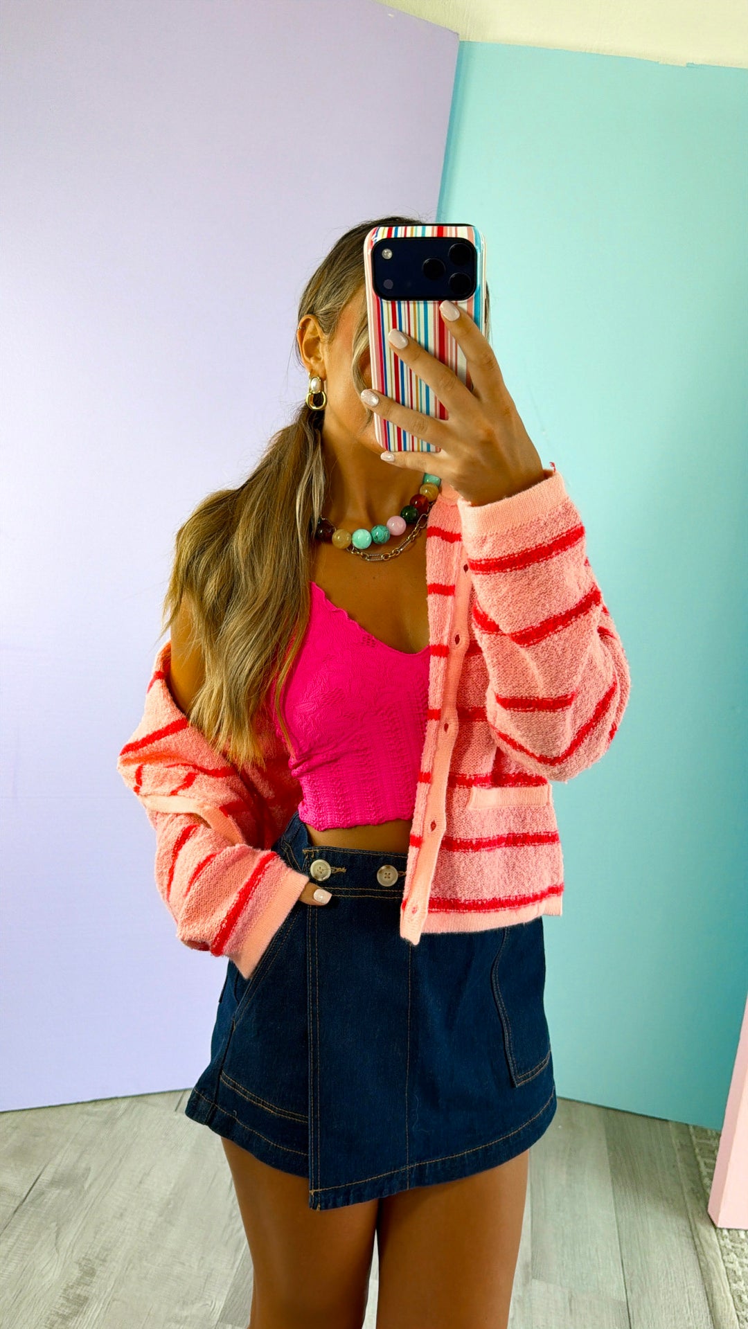 Perfect Layer Stripe Cardigan, Pink/Coral