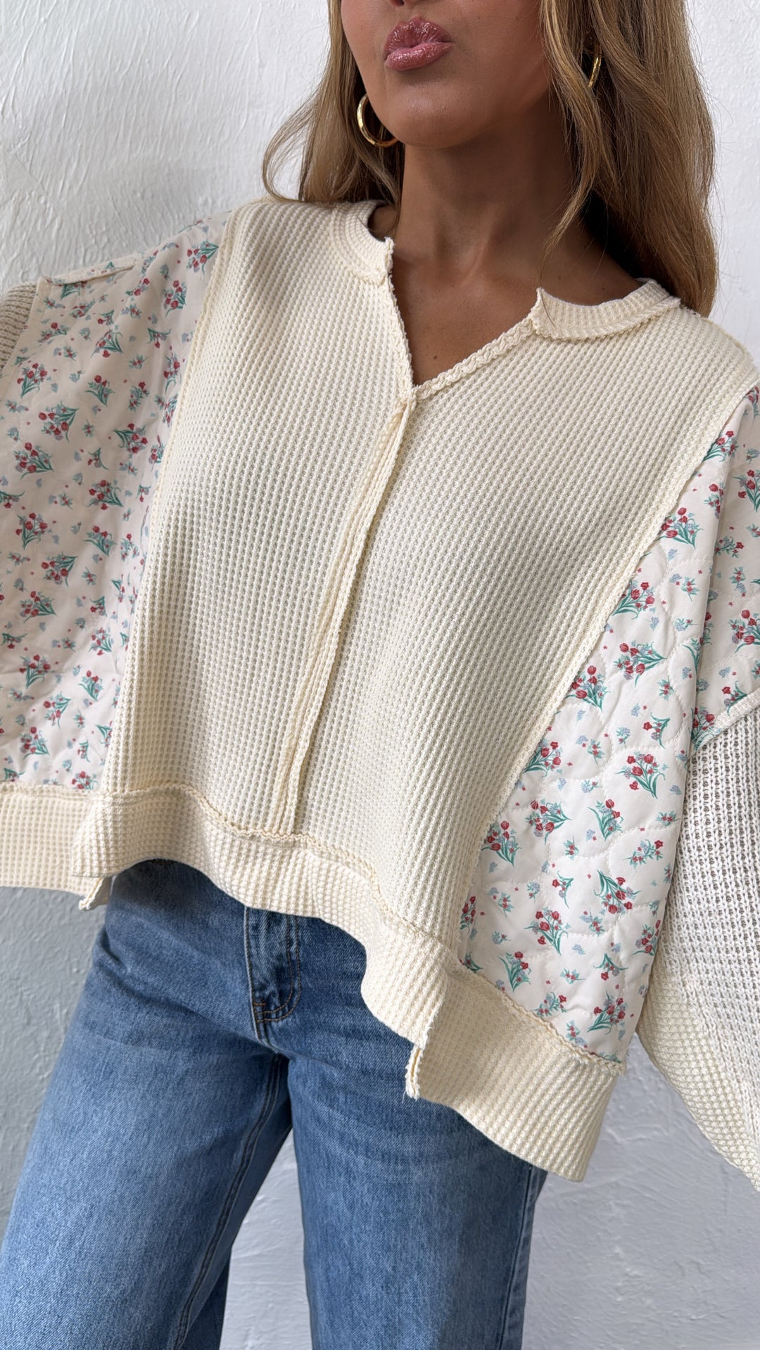 DOORBUSTER: POL Floral Sleeve Sweater, Cream