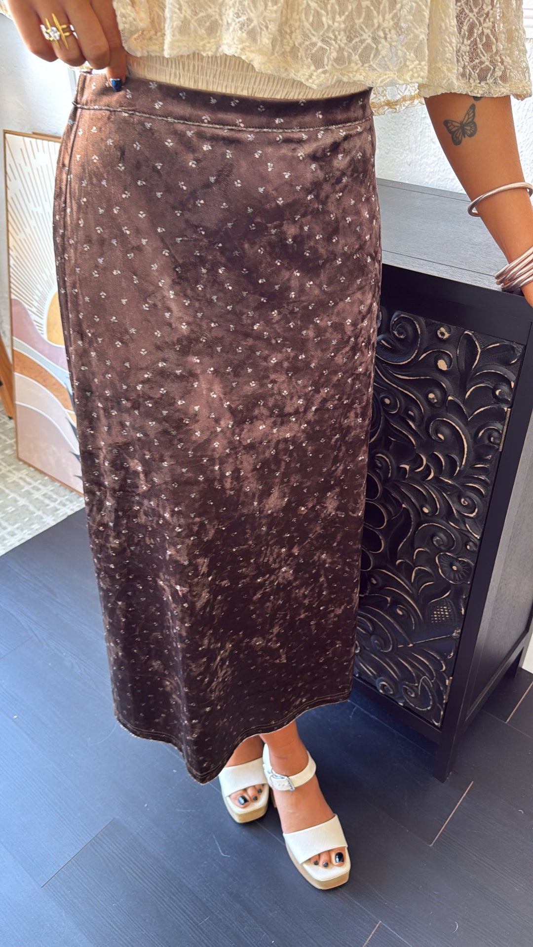 Toasted Fig Velvet Midi Skirt, Brown