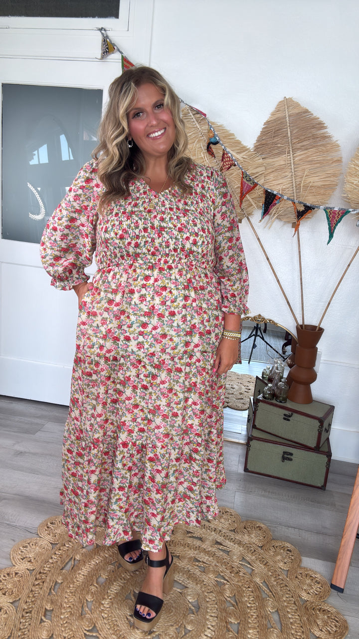 Full Bloom Floral Print Smocked Maxi Dress