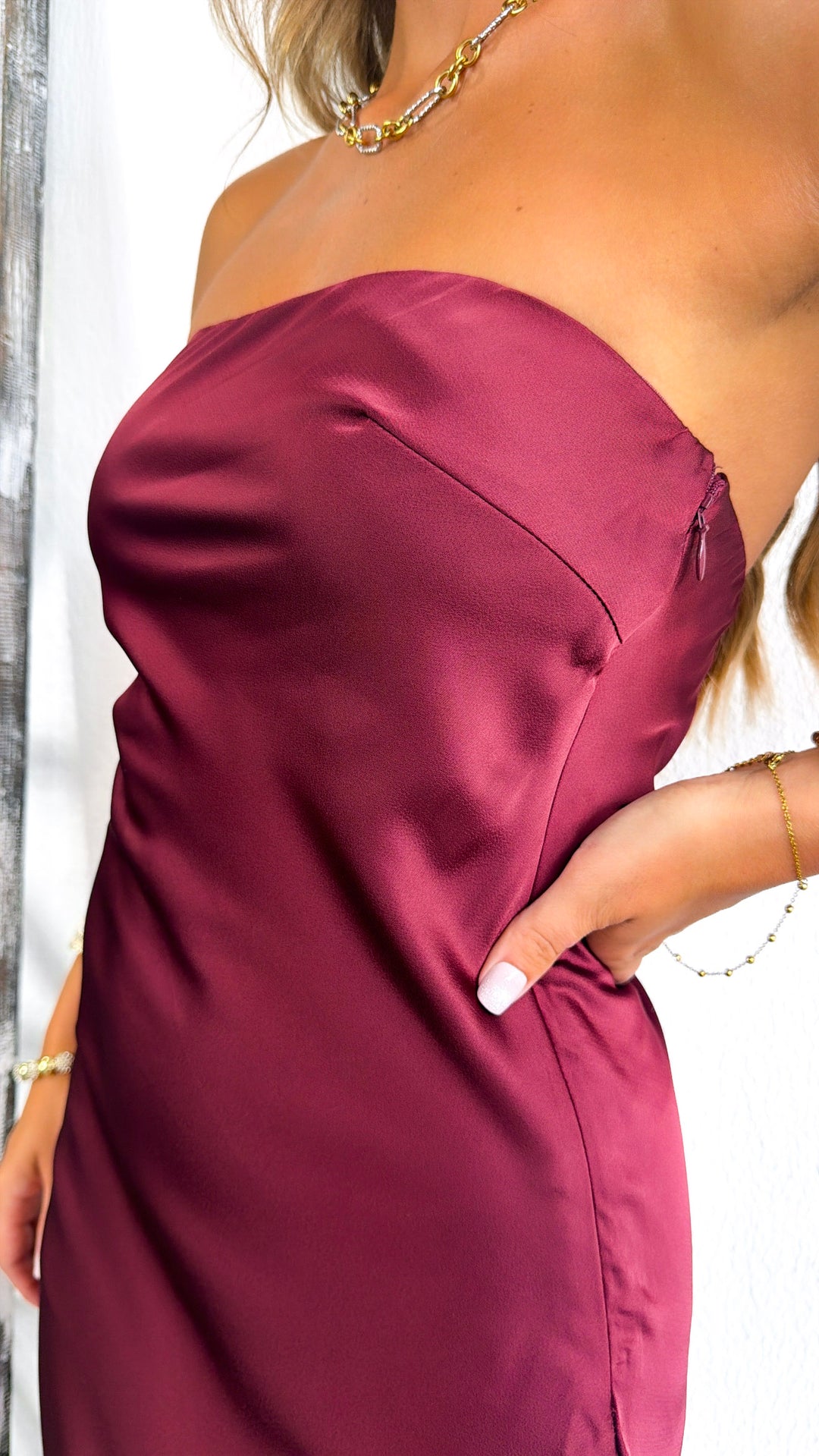 Charlotte Jean Strapless Dress, Pomegranate