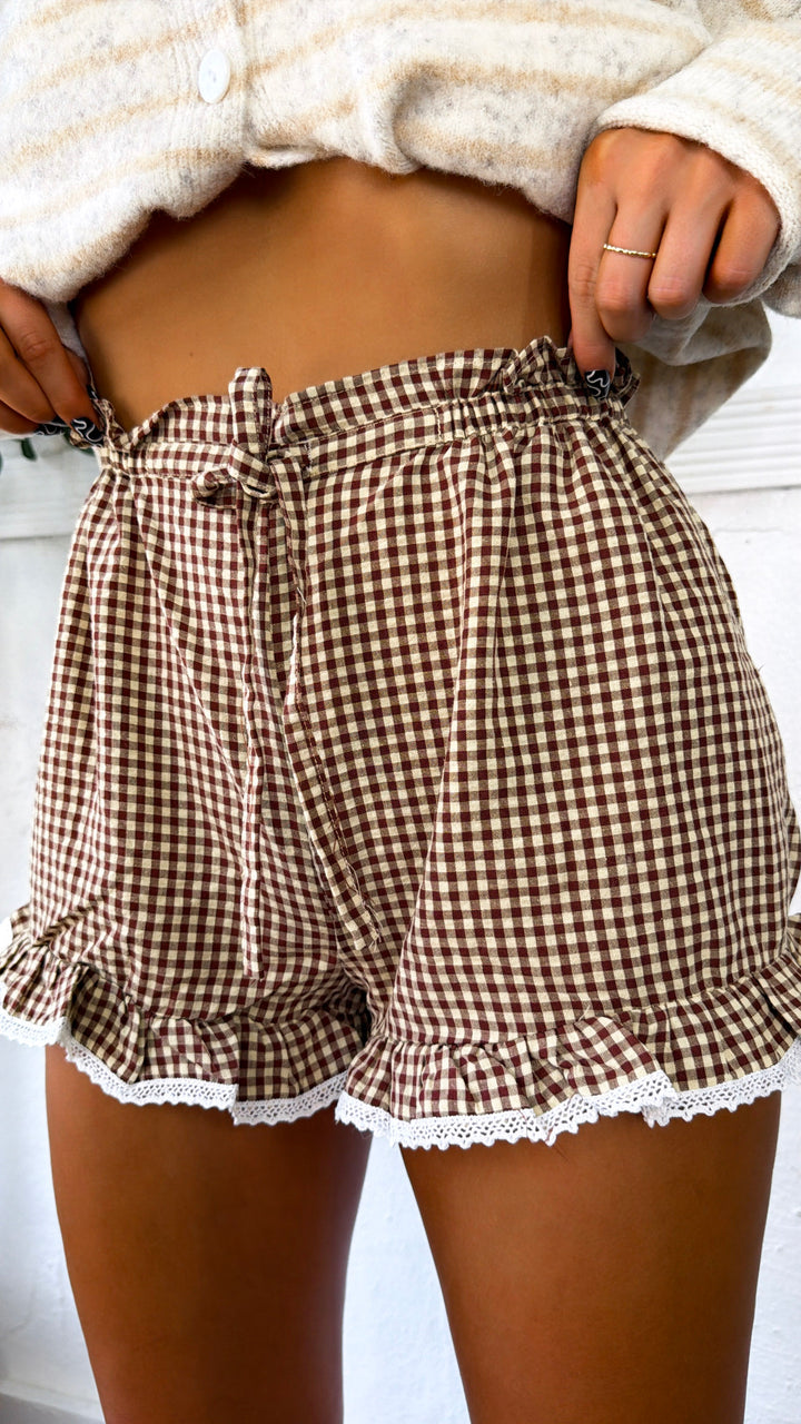 Clover Lace Gingham Shorts, Taupe/Choco