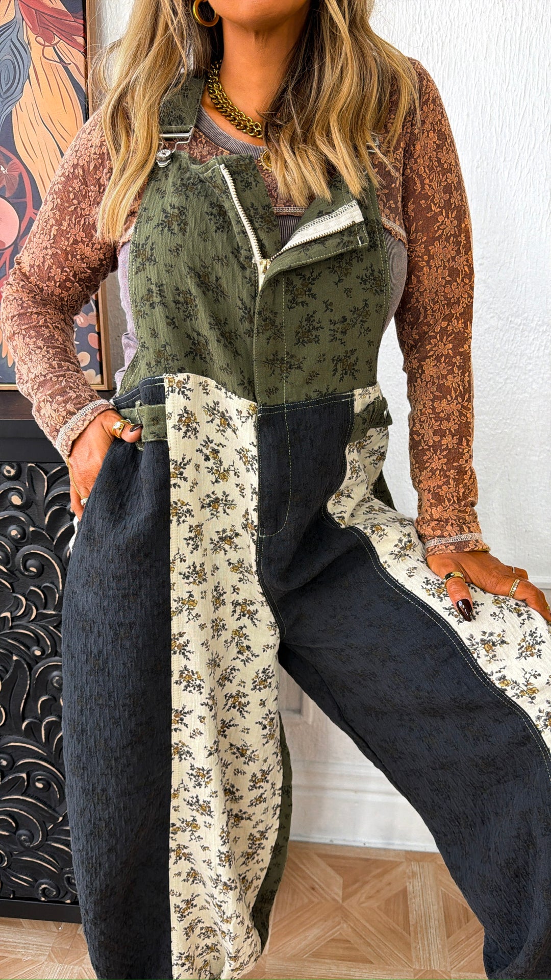 ECB Exclusive: Ruth Overall Bib, Olive Navy Floral