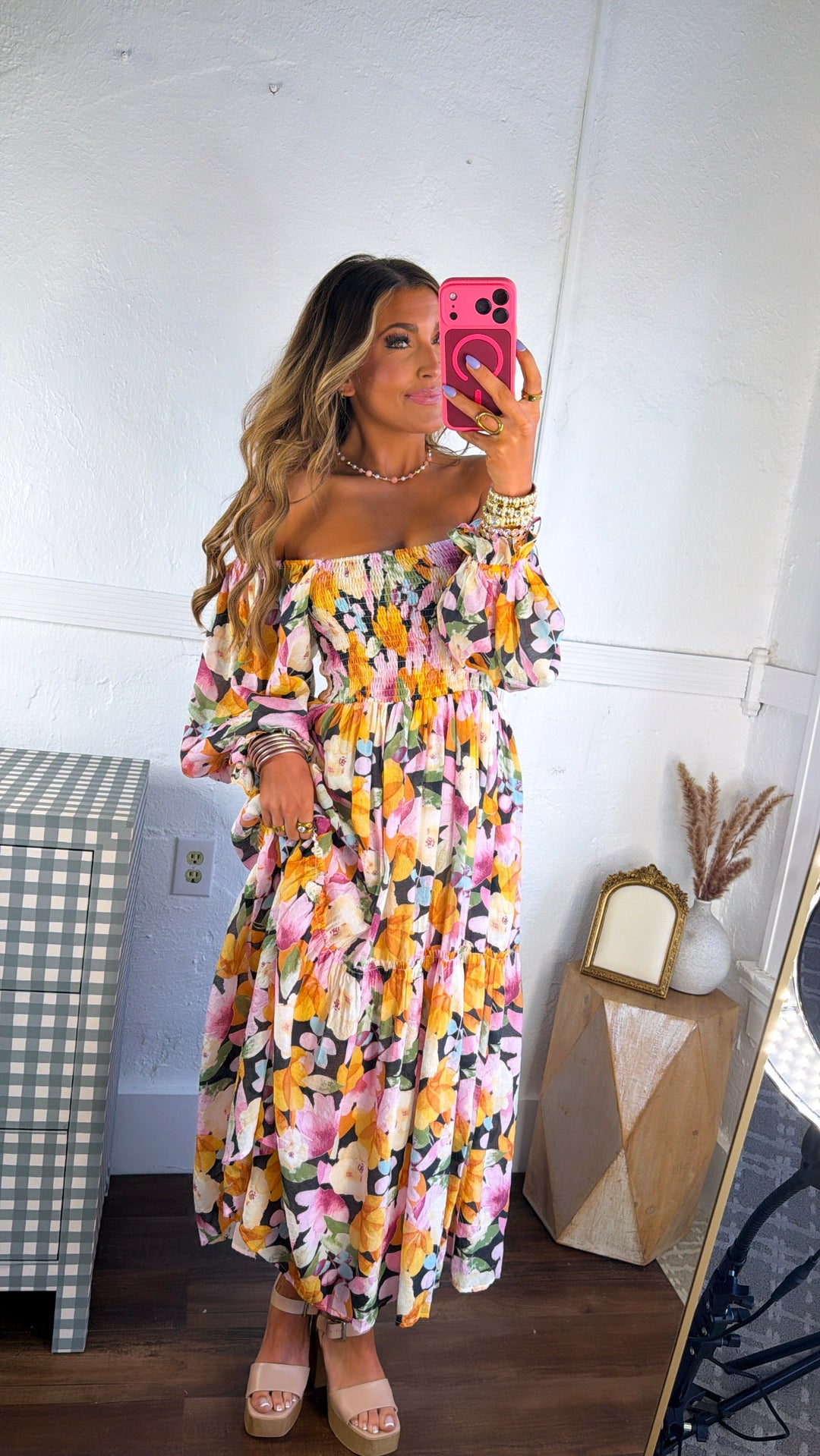 Havana Bloom Smocked Dress, Black Multi