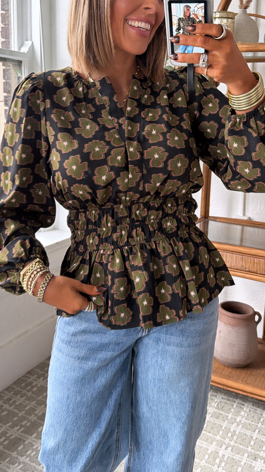 Indy Bell Blouse, Black/ Olive