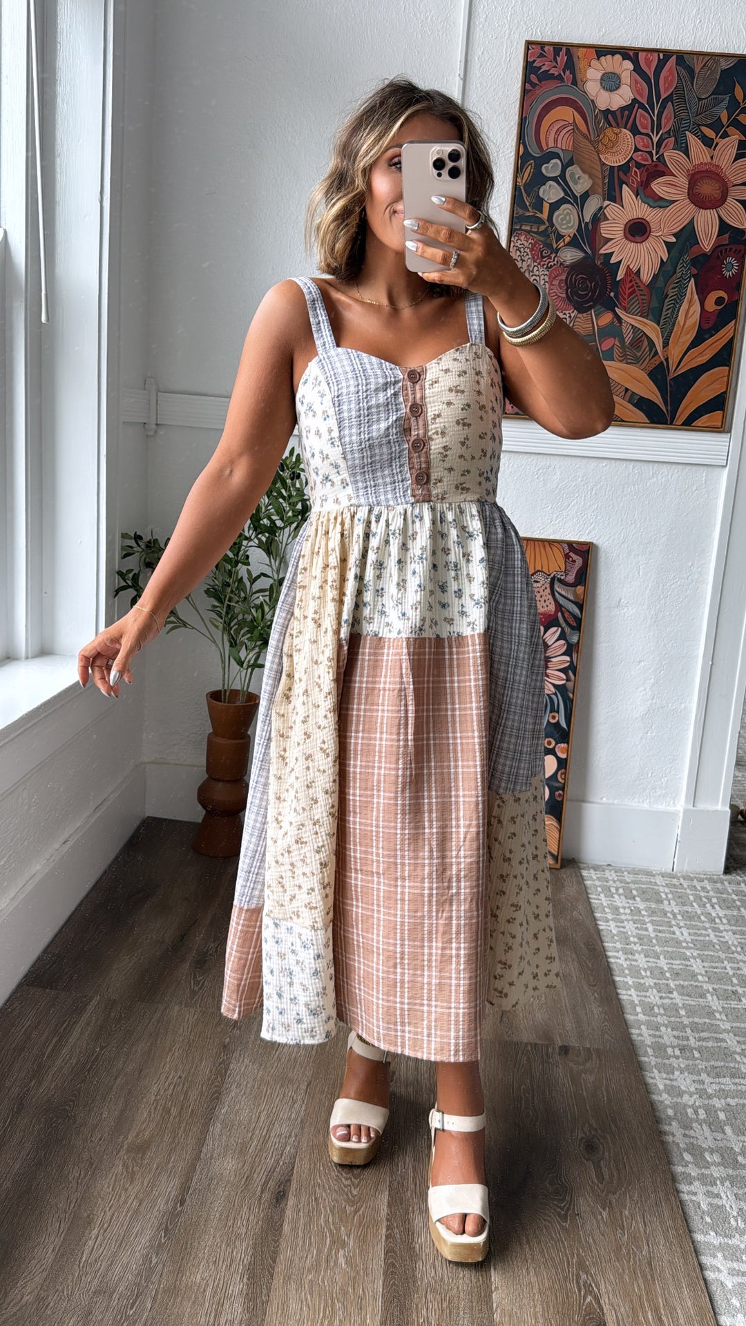 Patchwork Blooms Midi Dress, Ivory Everyday Chic Boutique Patchwork Blooms Midi Dress, Ivory Everyday Chic Boutique