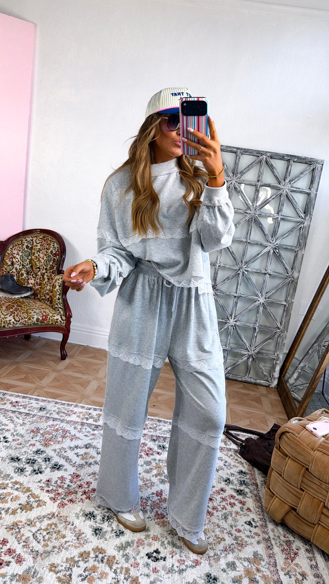 Lace Seam Detailed Two Piece Set, H.Grey