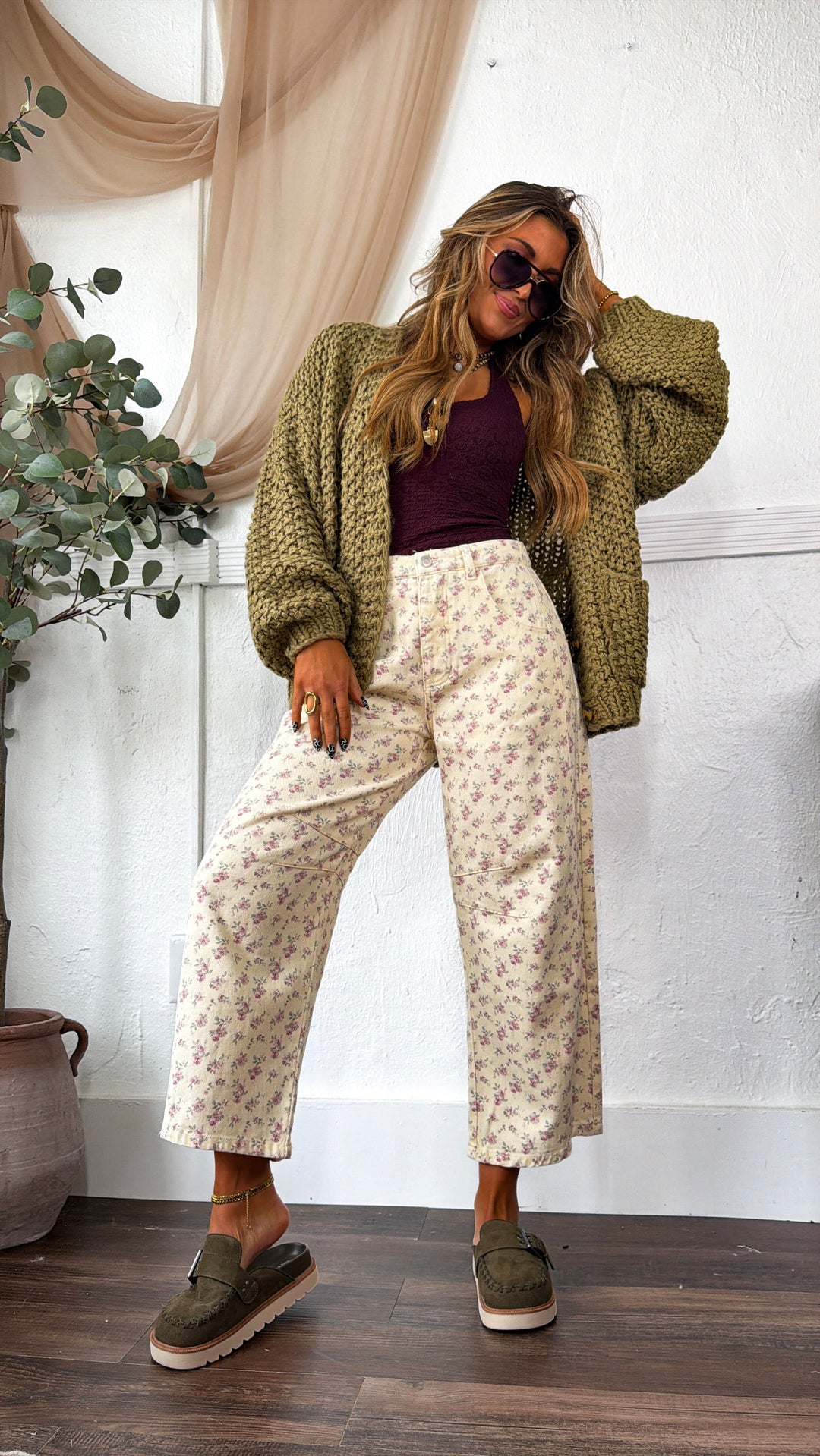 Everyday Color Denim Barrel Pant, Cream Ditsy Maroon
