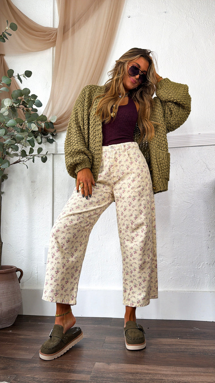 Everyday Color Denim Barrel Pant, Cream Ditsy Maroon